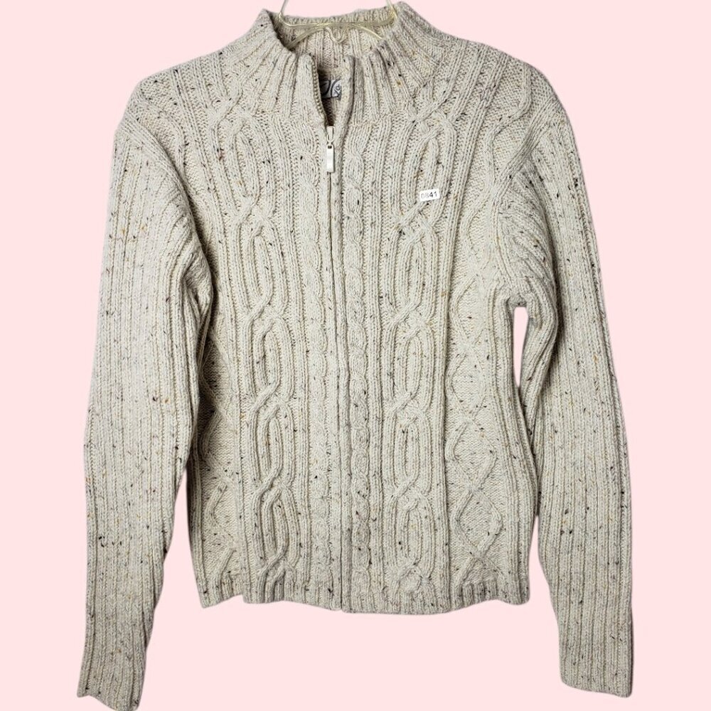 Dressbarn Womens Cable Knit Full-Zip Sweater Oatmeal Large
